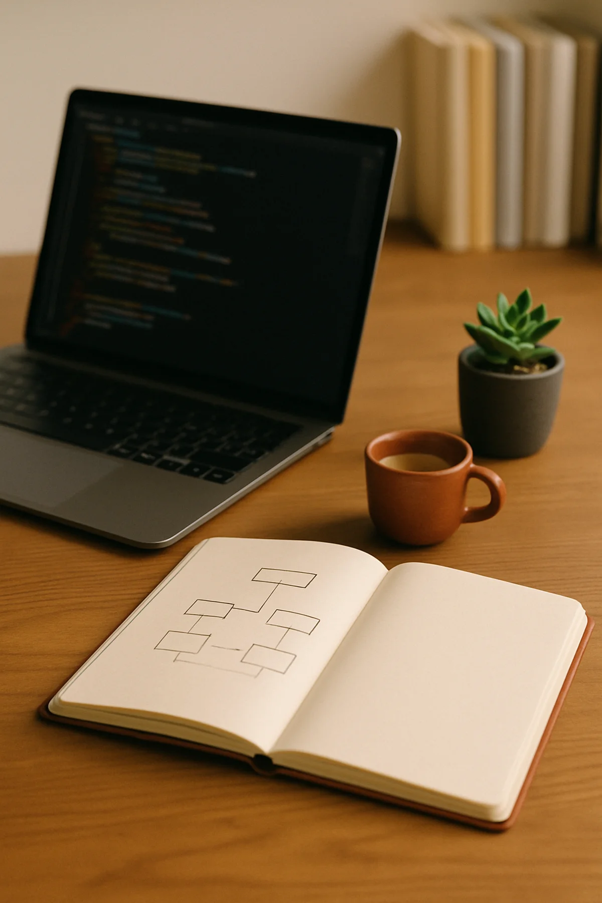 Editorial-Stillleben: Laptop mit Code und Notizbuch mit Architektur-Skizze auf einem Holztisch